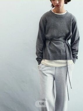 Zara Heather Gray Knit Crew with Waist Tie